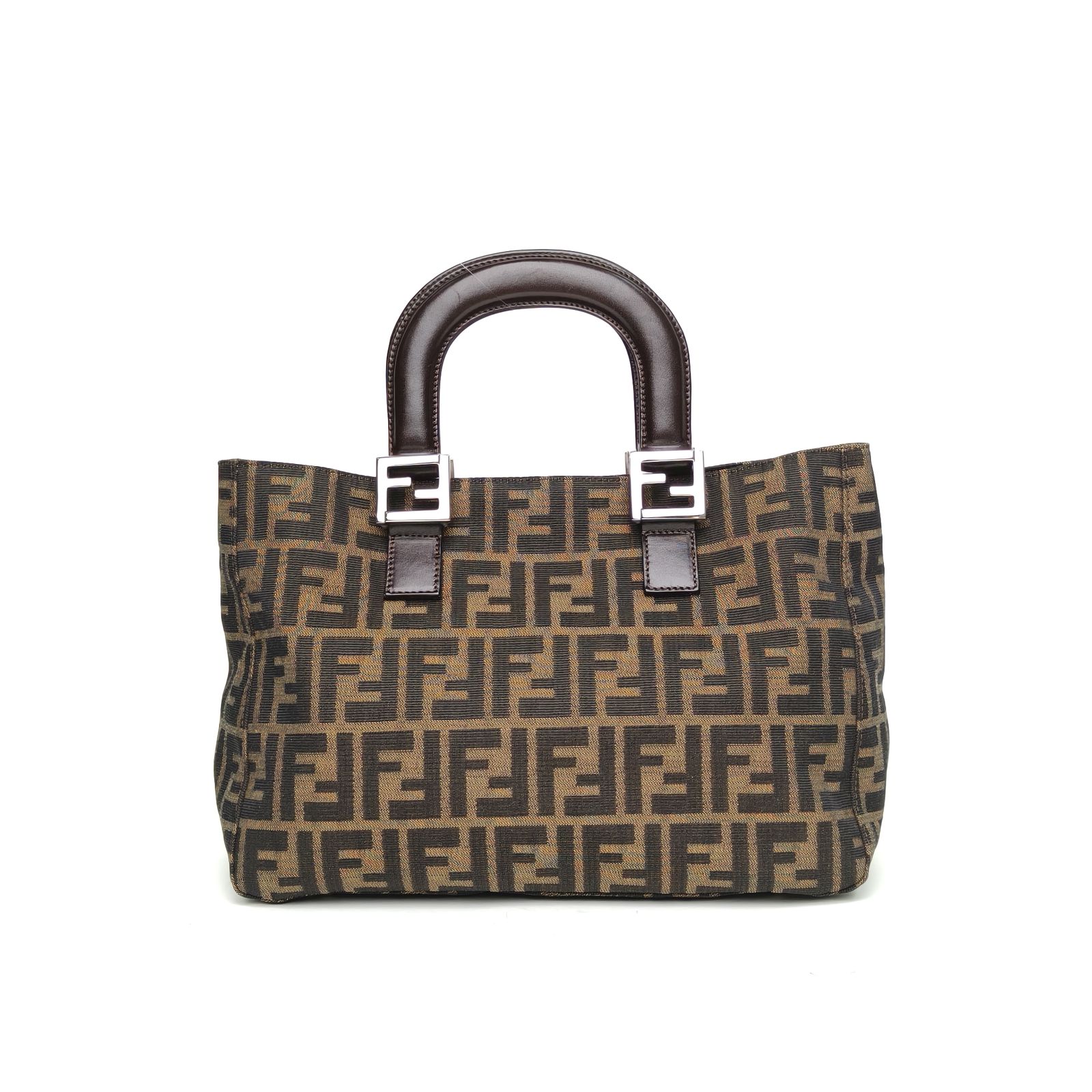 95新 FENDI/芬迪 【黑黑】中古 银扣手提托特包 老花 帆布 