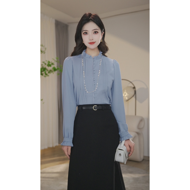【小北甄选】流光风8591086蓝色衬衫女长袖气质通勤衬衣时尚小众
