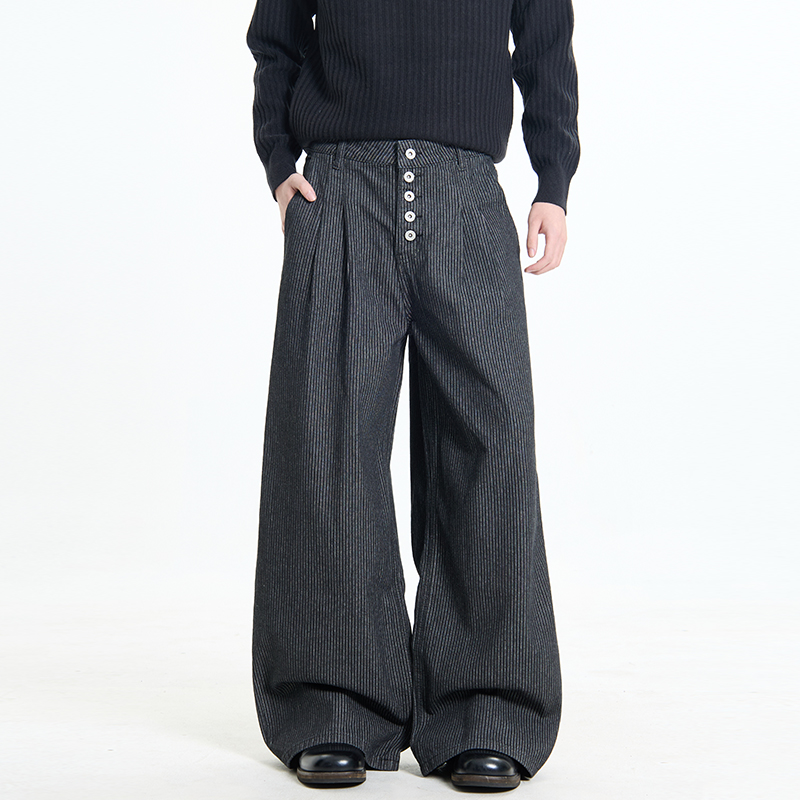 CDDR新贵老钱风复古黑色条纹打褶排扣牛仔裤水洗A字直筒宽松长裤