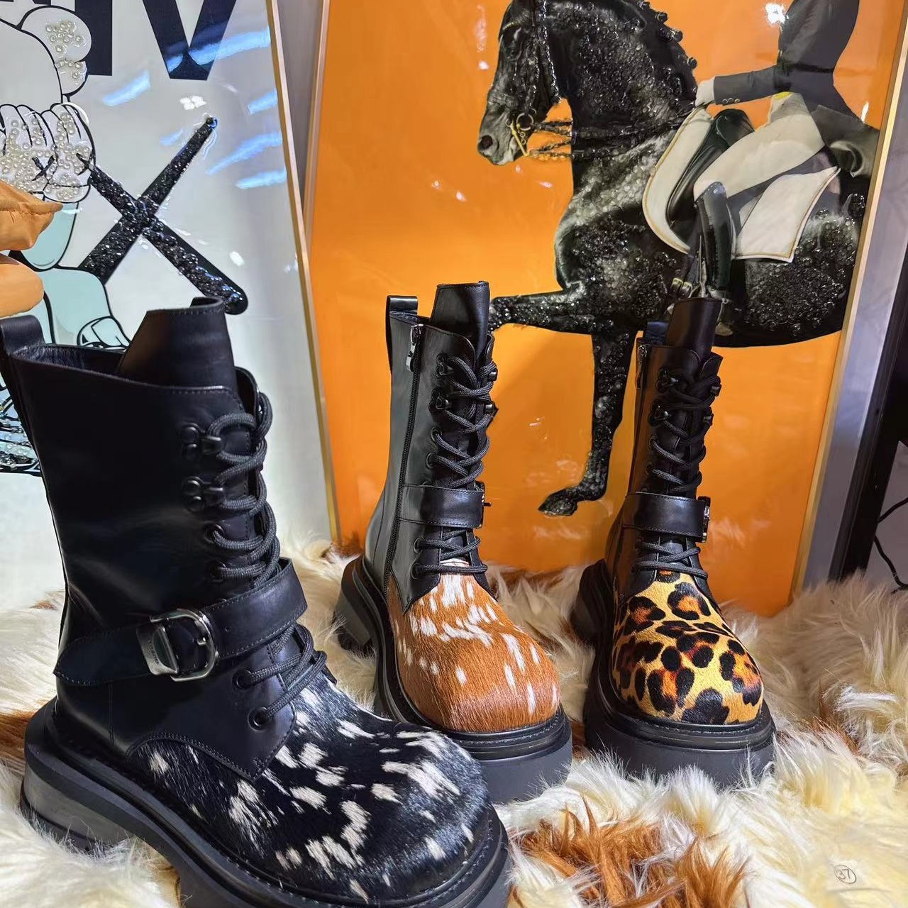 圆头中筒胶粘中跟马丁靴厚款防滑朋克风铆钉真皮配马毛高端女鞋