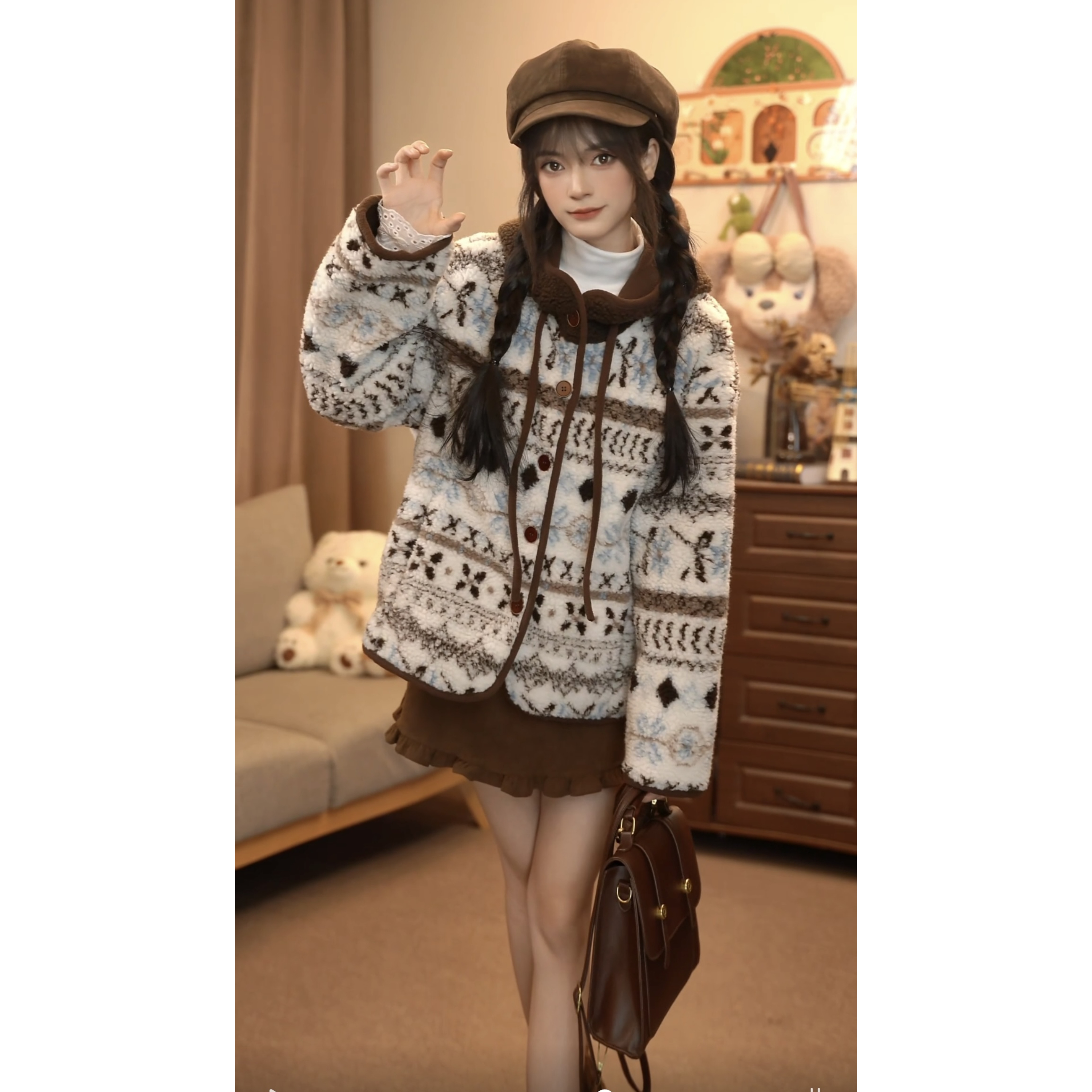 阿肉R暮冬明信片 费尔岛连帽羊羔毛外套女冬季超好看摇粒绒棉服