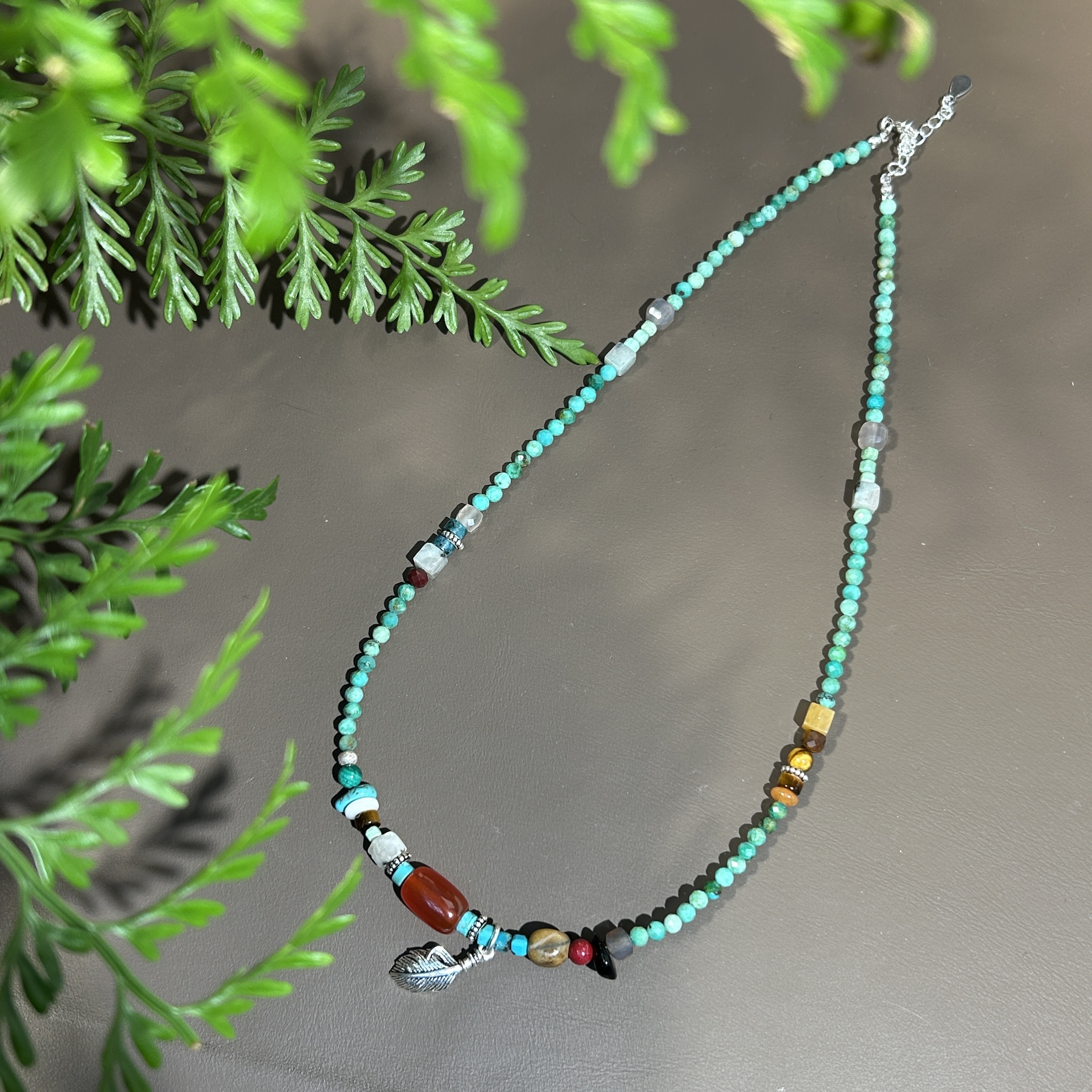 链子925银 蓝绿色4mm切面珠手工串珠细颈链（40厘米+5厘米）