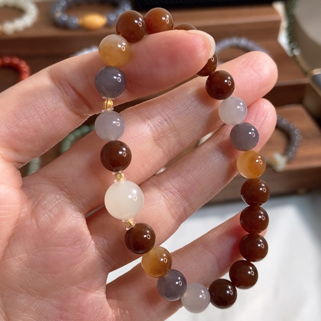 和田玉手链18K金镶嵌8mm红糖精品