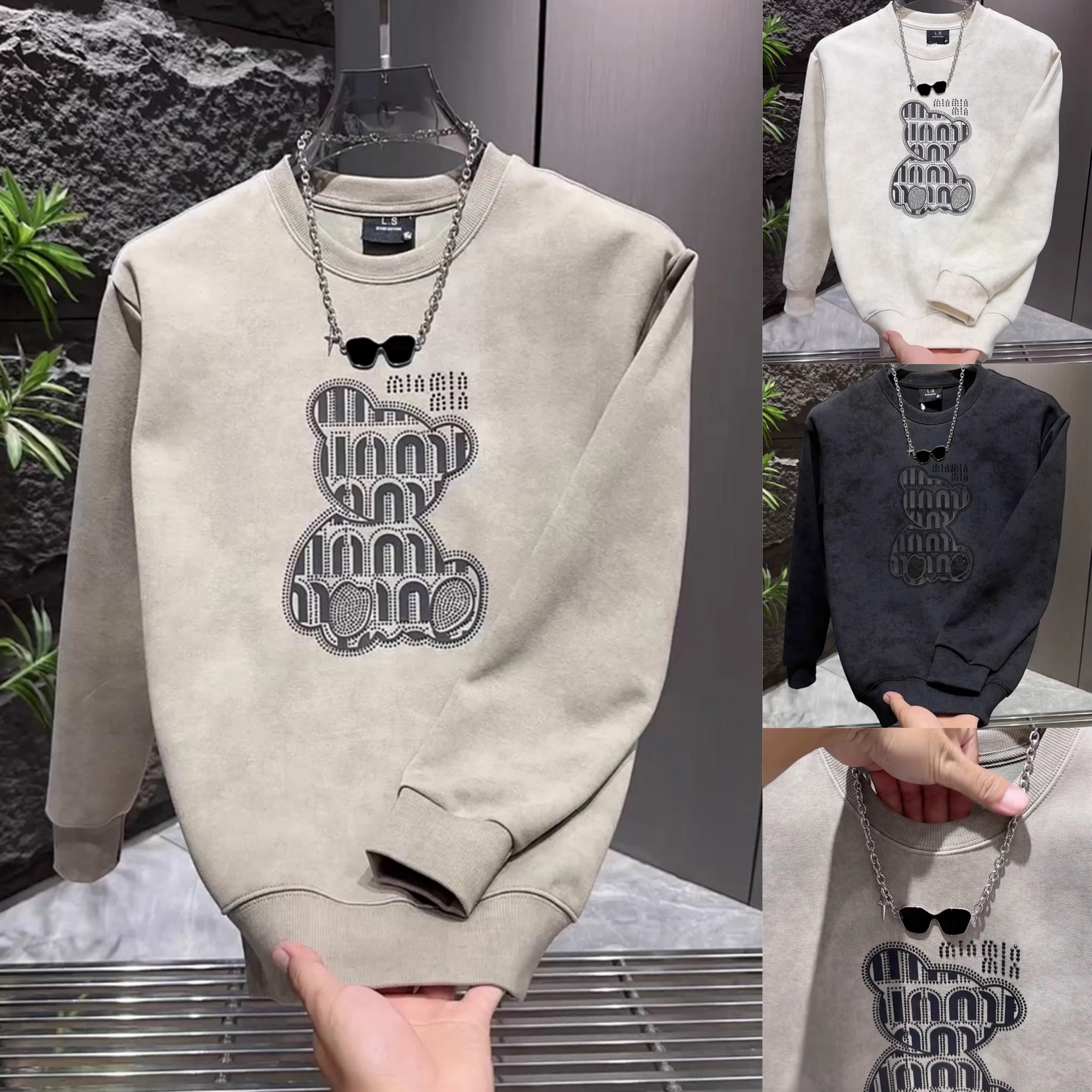 春秋季卫衣男欧洲站潮牌扎染休闲男士打底衫帅气衣服圆领烫钻小熊