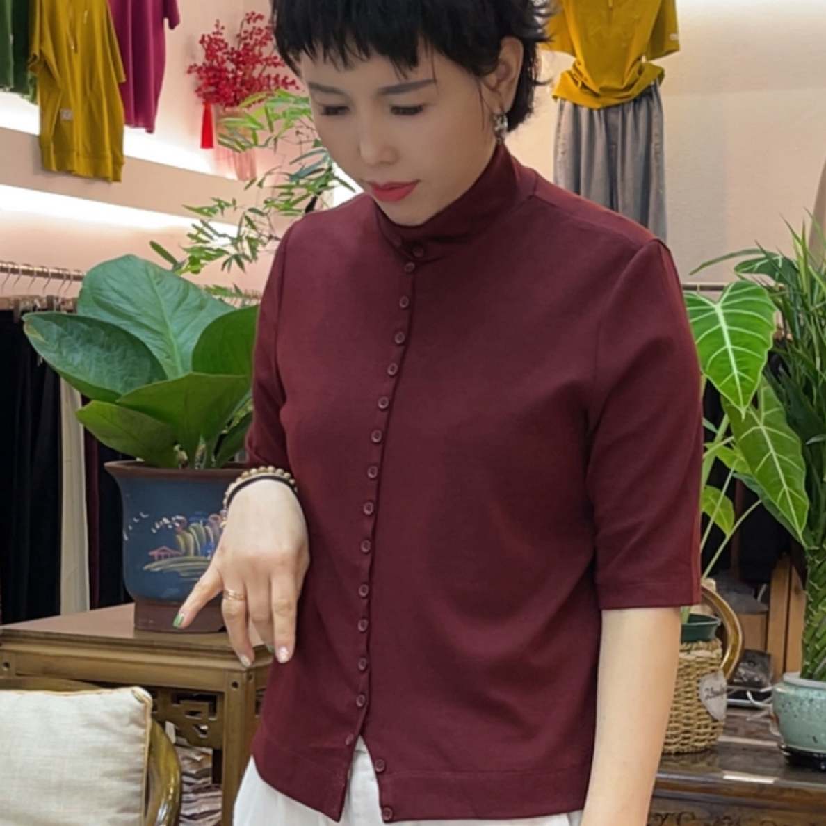 针织圆领春季女秋季立领纯棉中袖女装五分开衫