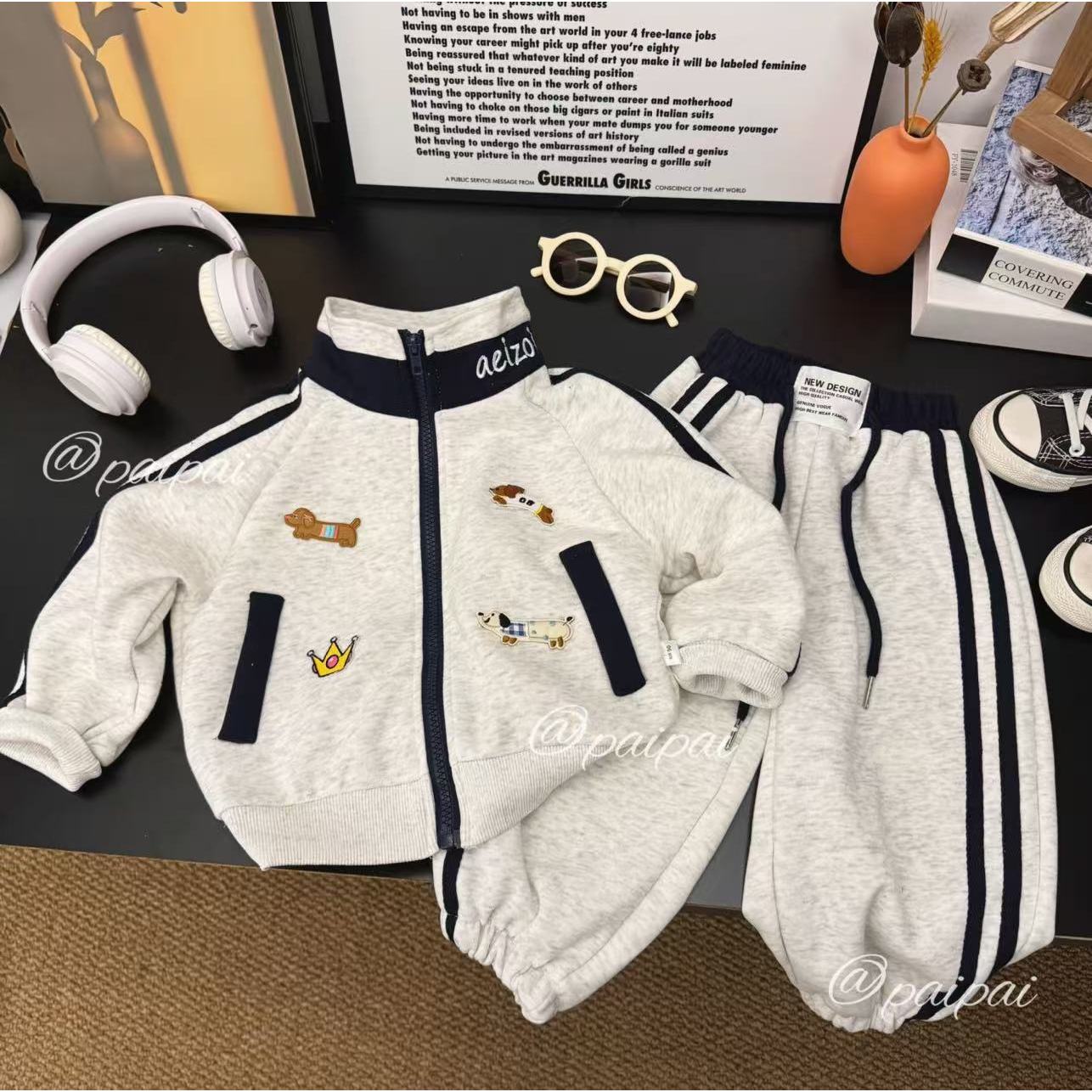 【刺绣小狗】2025新款儿童卫衣套装男女童拼色重工刺绣两件套洋气