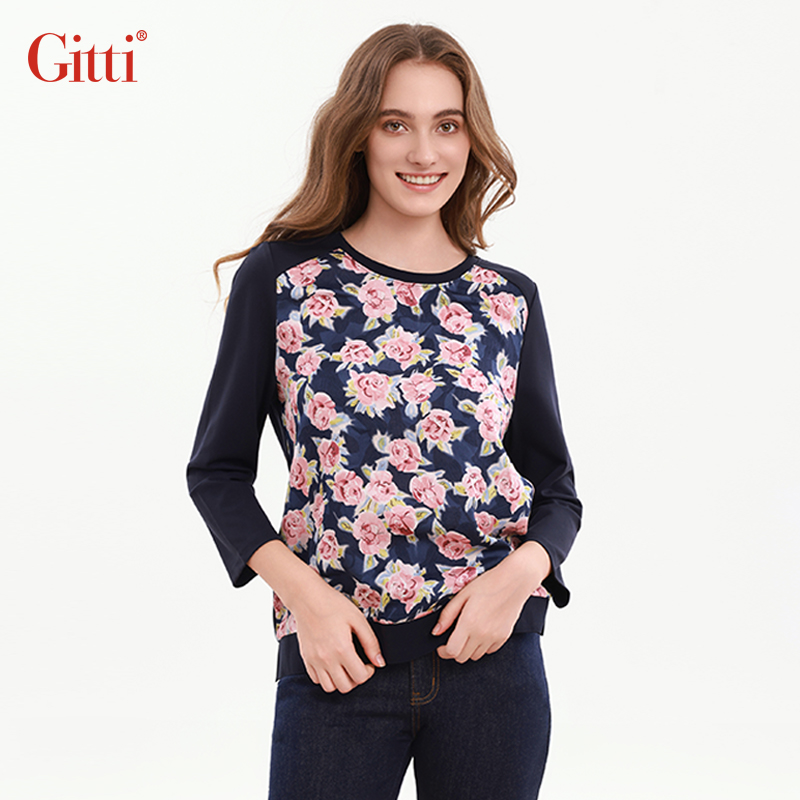 Gitti/吉蒂秋款花卉印花罗纹拼接九分袖T恤女圆领显瘦上衣G255169