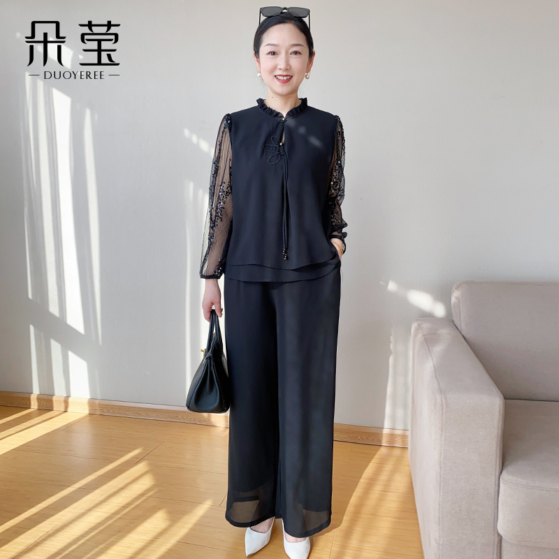 时尚妈妈装新中式网纱袖小衫套装春夏季新款中年女上衣裤子SL751