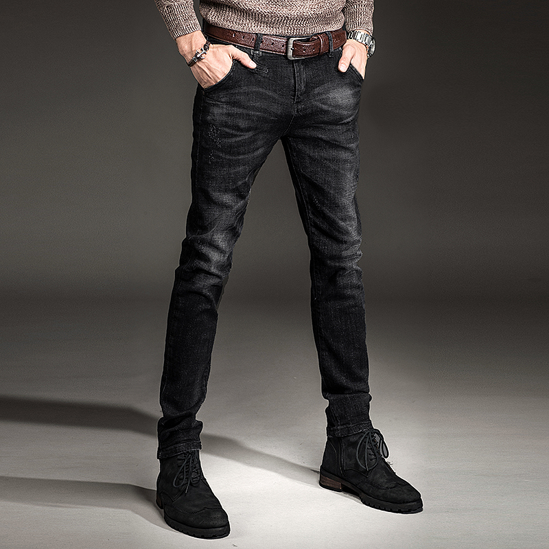 贵色黑色牛仔裤男修身小脚裤秋季青年韩版弹力男士牛仔裤长裤子潮