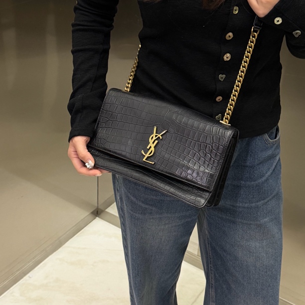 95新 YSL/圣罗兰 黑金鳄压sunset日落单肩包