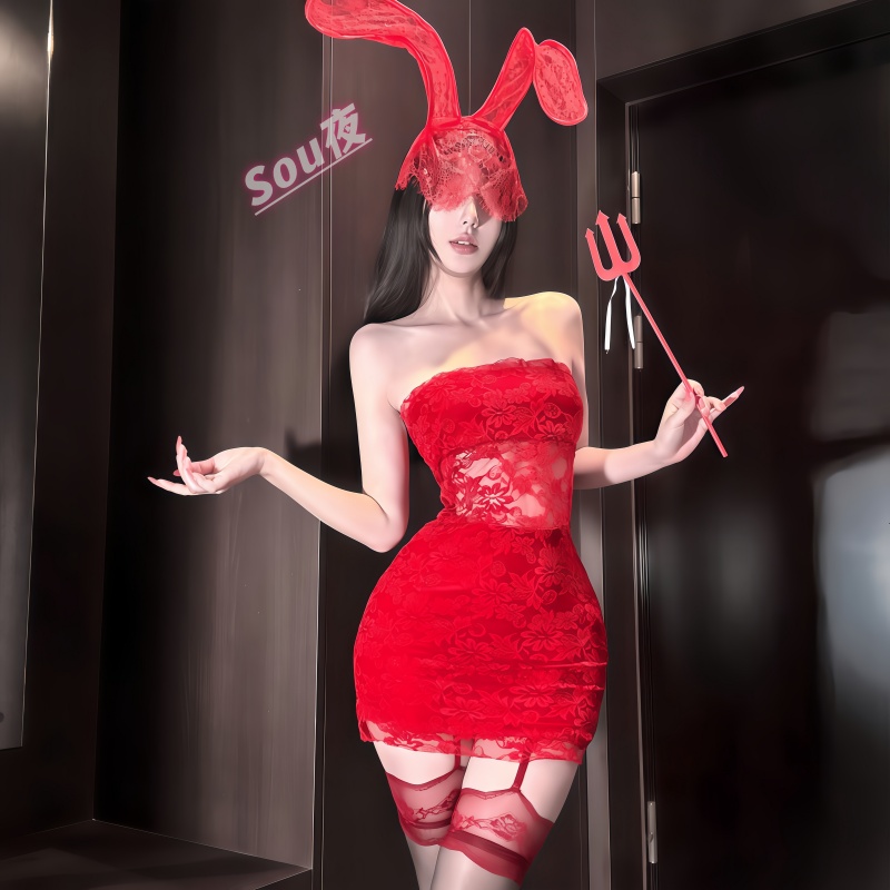 【SOU夜】气质红色少女睡衣qqny禁欲系镂空蕾丝包臀裙制服套装