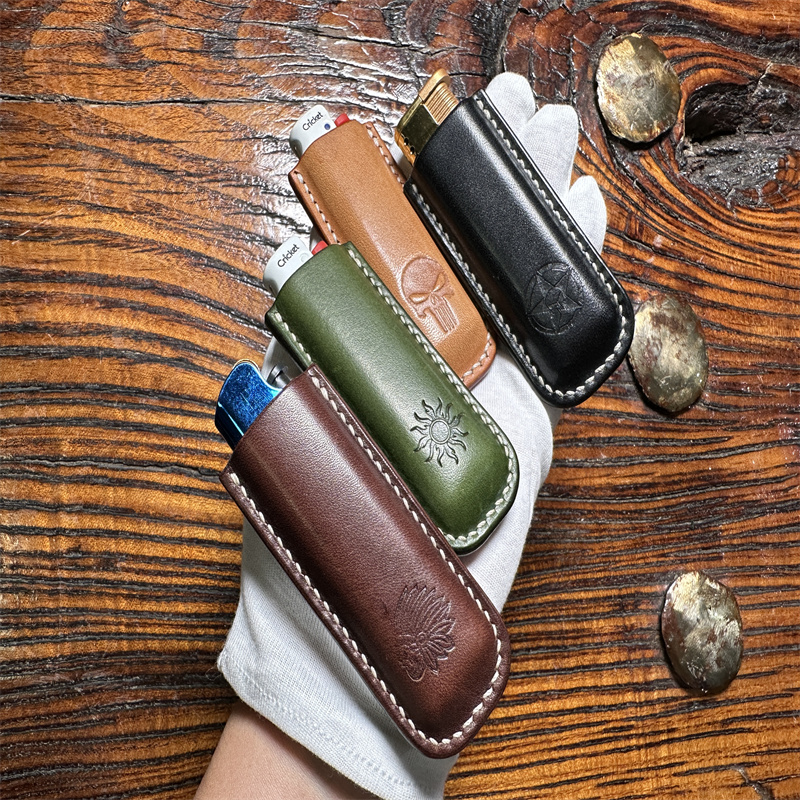 CRICKET草蜢常规款枥木意大利植鞣头层牛皮手工打火机皮套钥匙扣