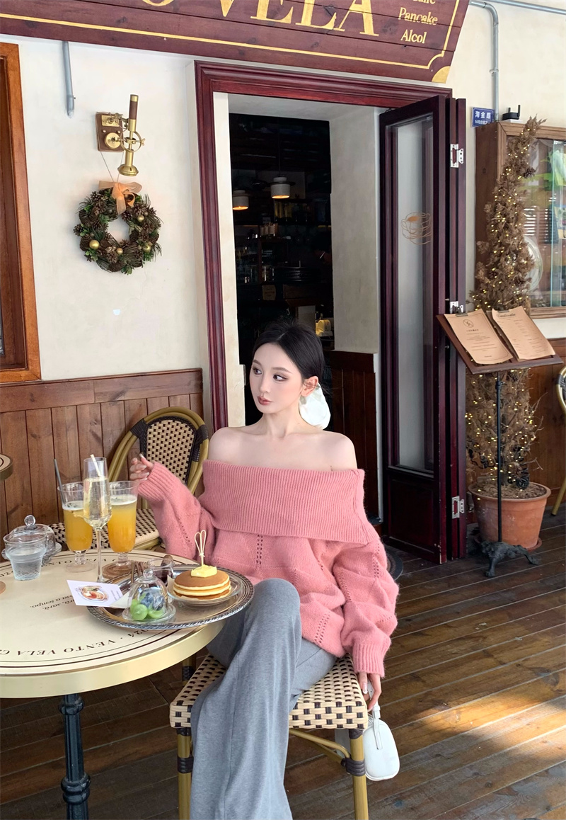 复古时尚一字领毛衣宽松慵懒针织上衣裤子套装#66507