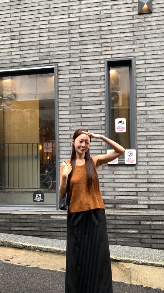 THESE DAY/2025夏季复古棕针织上衣/深灰竖纹半裙（no退no换）