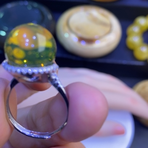 琥珀戒指银S925镶嵌蓝*倪