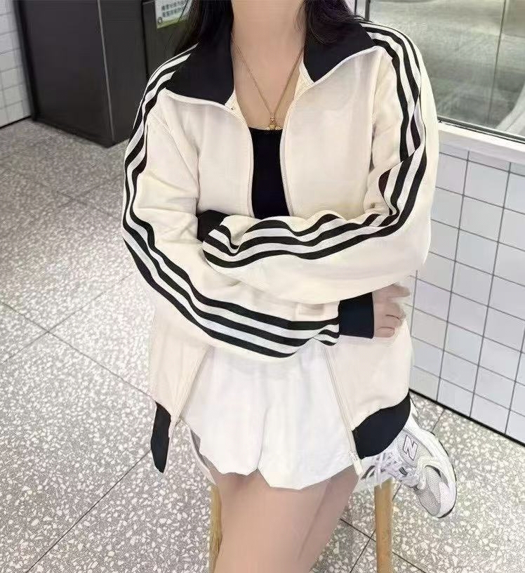 【阳哥甄选】三条纹拼色立领长袖夹克外套