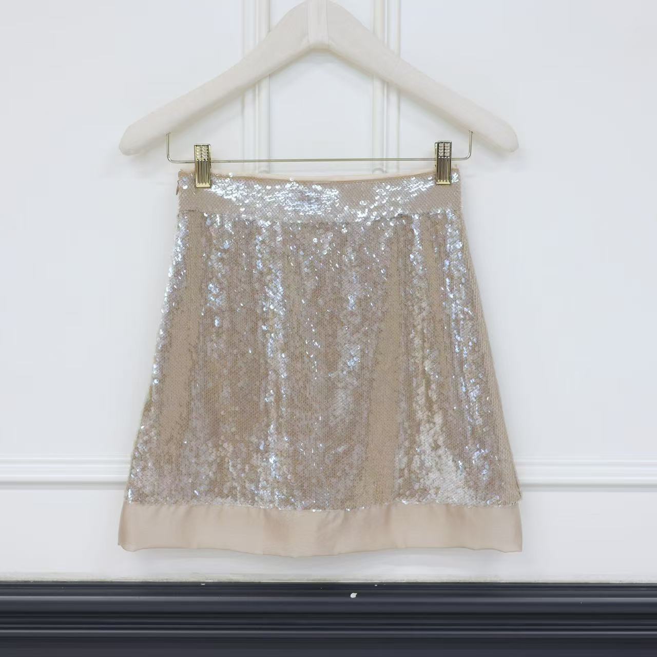 2510098【壁虎姐】GECKO秋冬新款 香槟金手工亮片拼接百搭半身裙