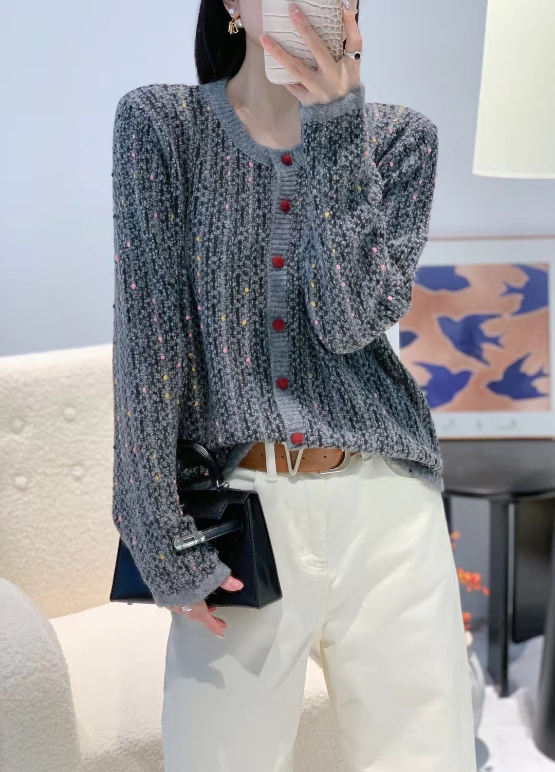 七针加厚潮流重工设计感洋气彩色拼接时尚针织开衫上衣打底衫