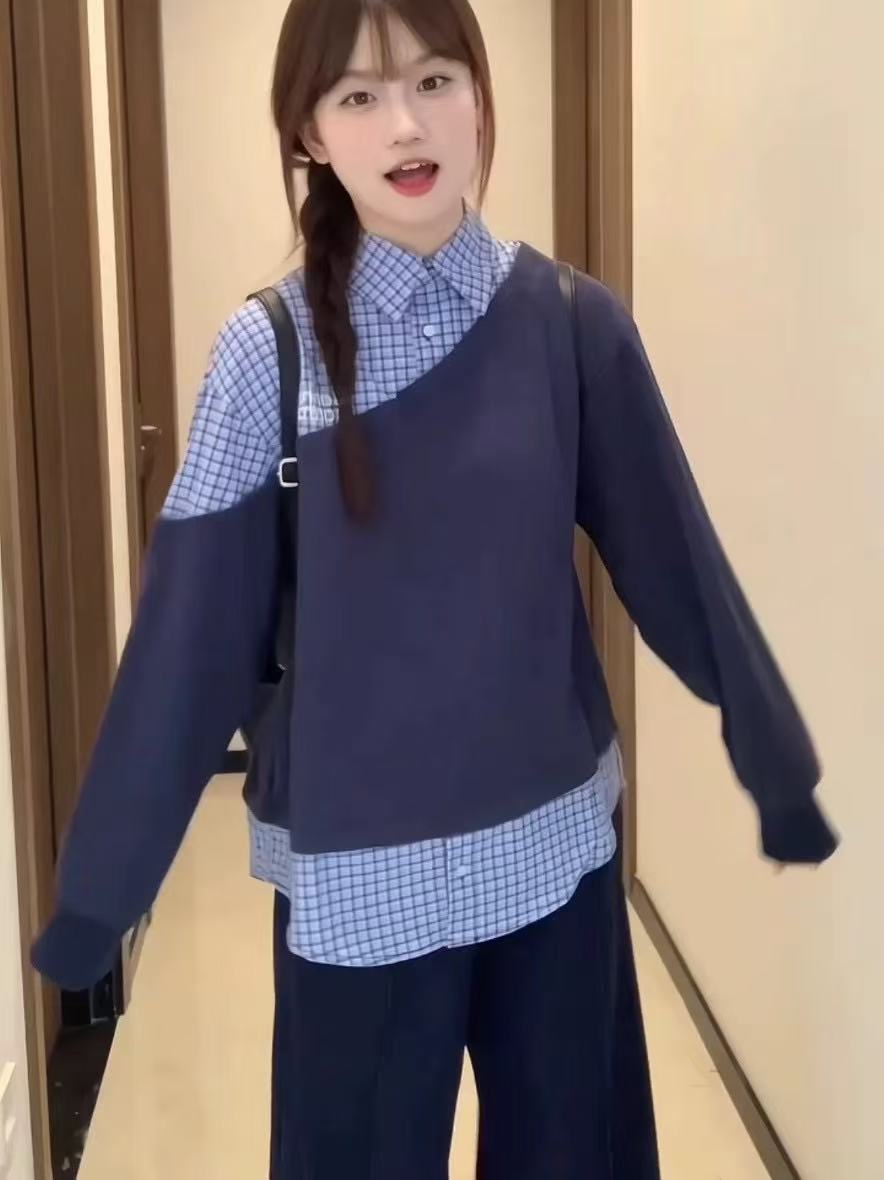 3389-韩版设计感撞色显小大码时尚百搭拼接大码女装假两件衫