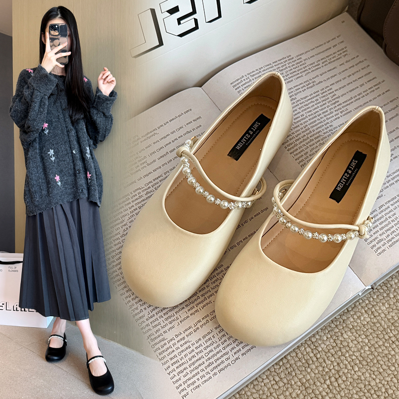 黑/杏/卡其/银春季新款复古玛丽珍百搭浅口通勤软底加肥加宽大码