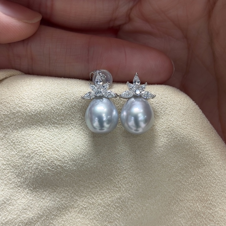 银S925镶嵌耳饰海水珍珠澳白银蓝9-10m 69号