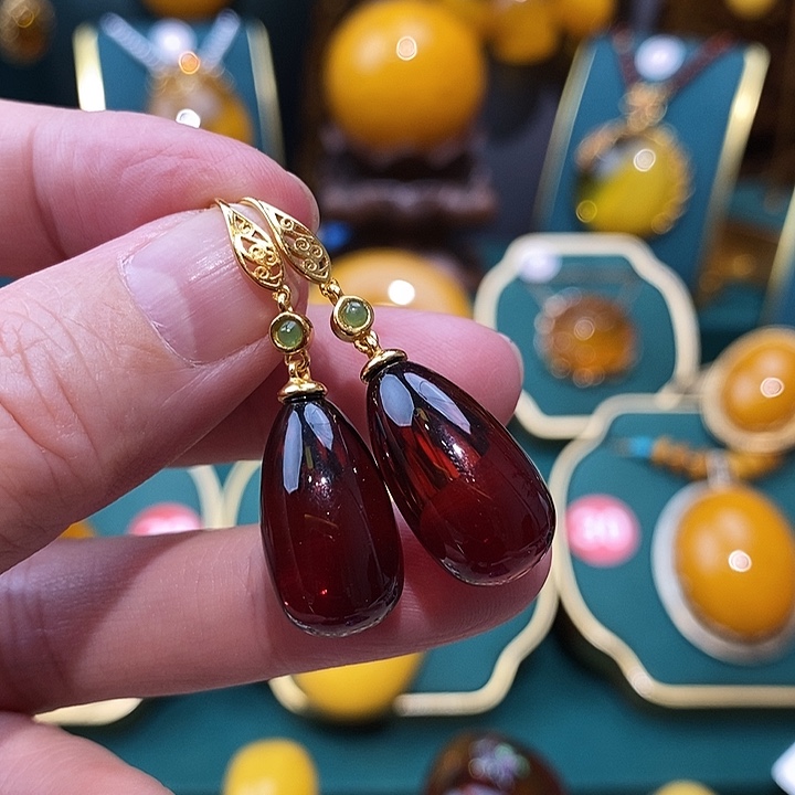 血珀耳饰银S925镀金镶嵌