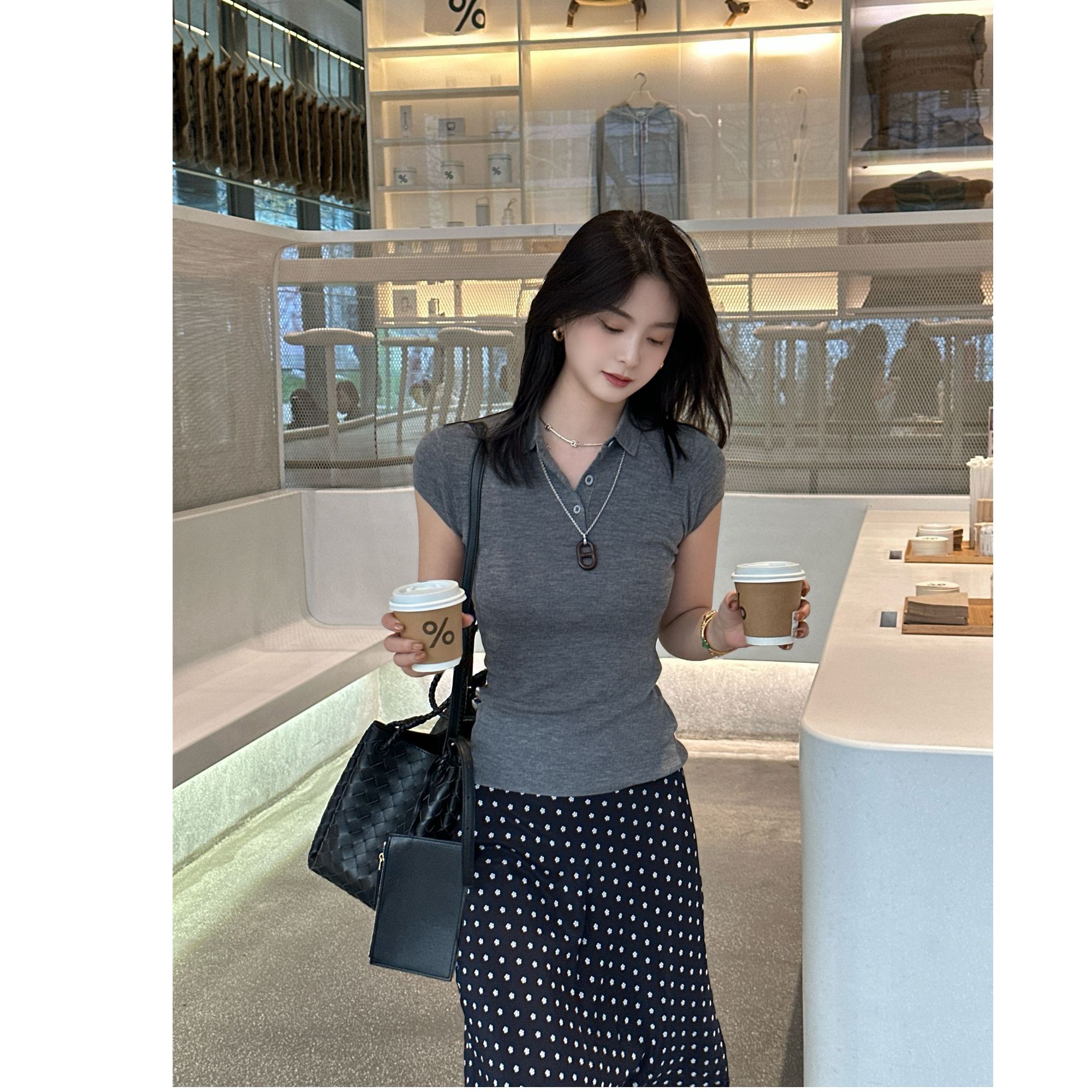 LUOZHIYIN/罗知音T612516TF翻领显瘦气质短袖针织衫翻领T恤