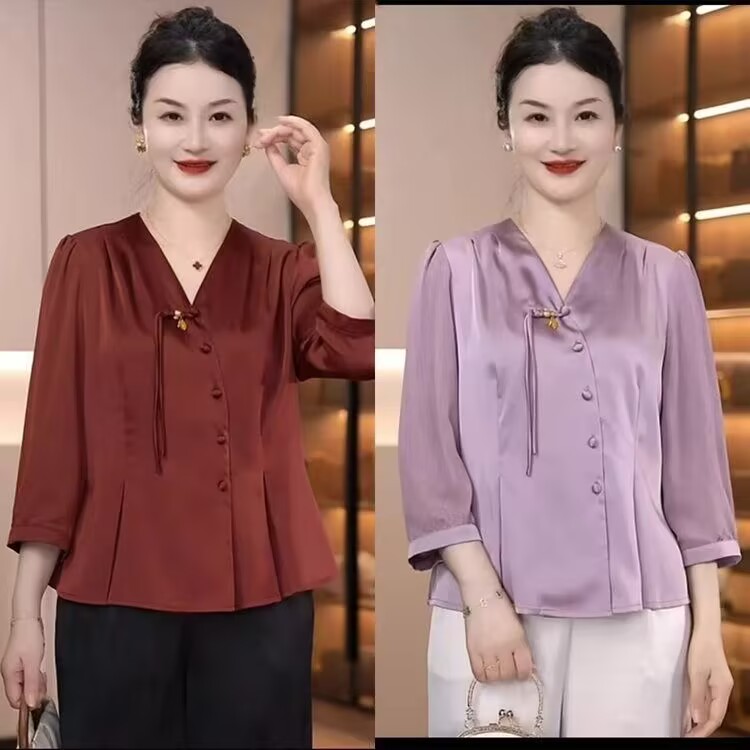 中老年女装丝缎中袖小衫阔腿裤七分袖高贵冰感上衣套装