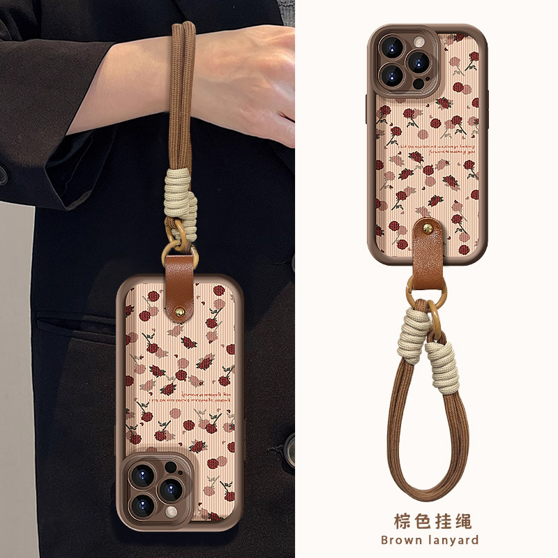 满屏红玫瑰挂绳适用苹果14手机壳iphone15硅胶小羊皮14PRO精孔7/8