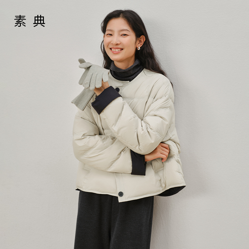 素典【撞色面包】撞色圆领羽绒服冬季90白鸭绒保暖面包服外套5522