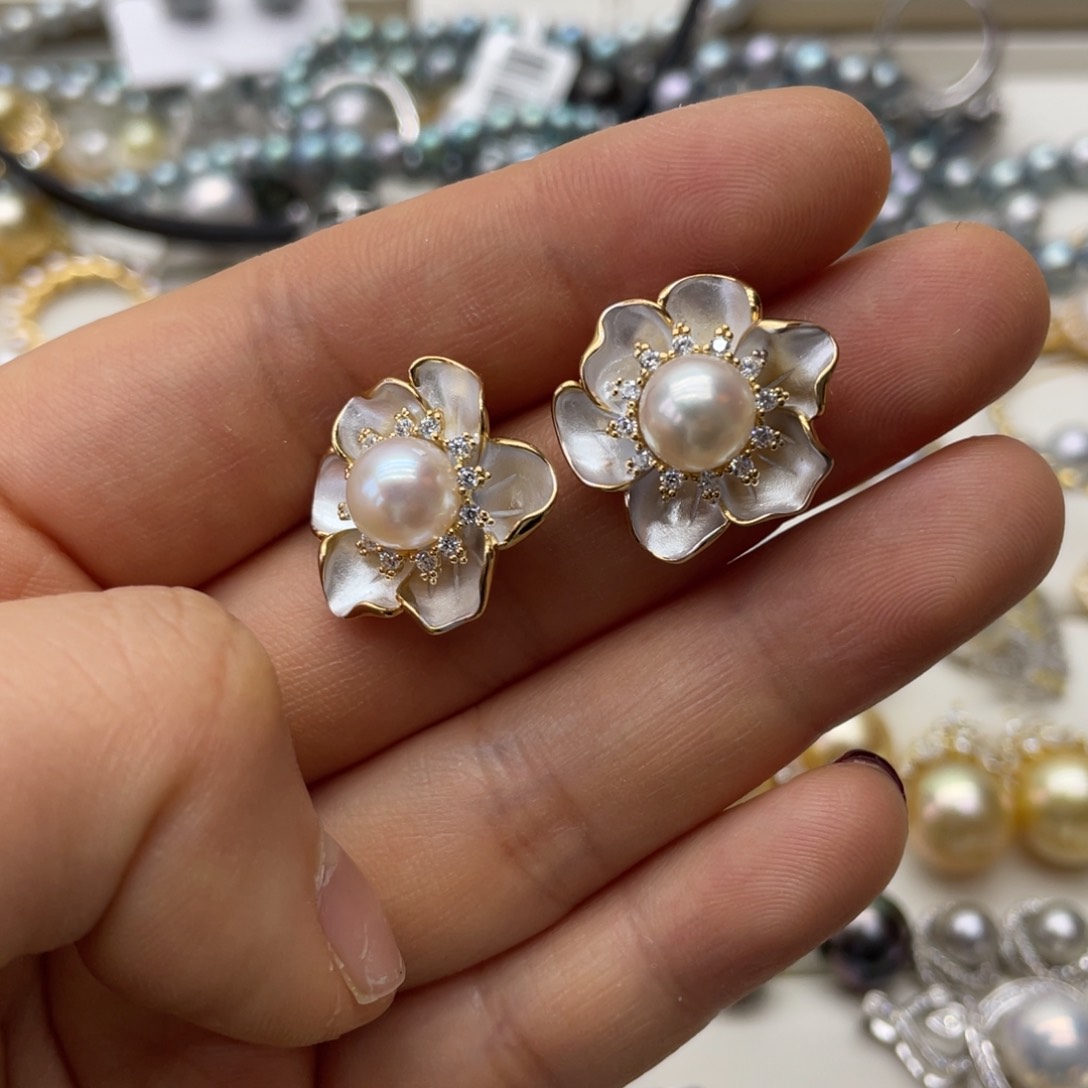 海水珍珠耳饰银S925镶嵌