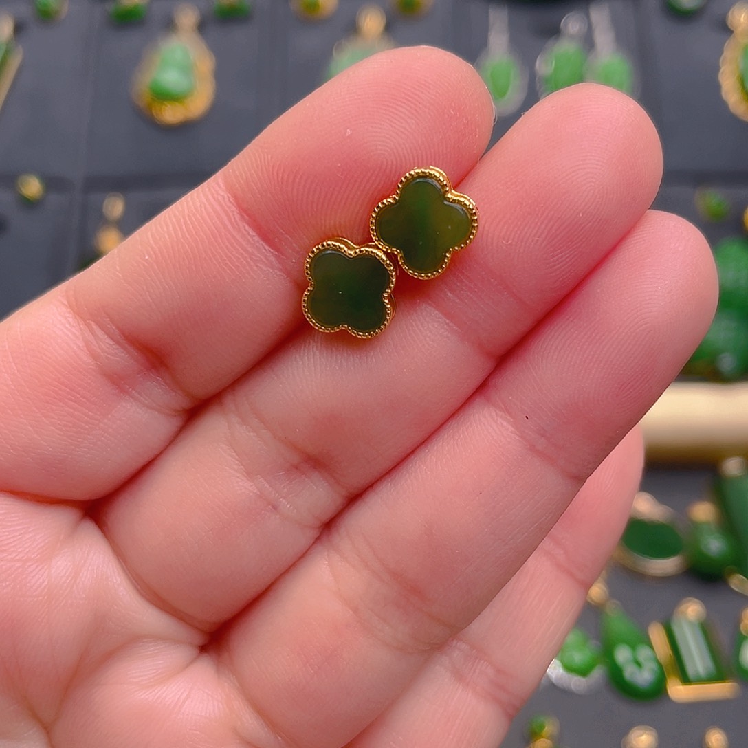 和田玉耳饰银S925镶嵌68