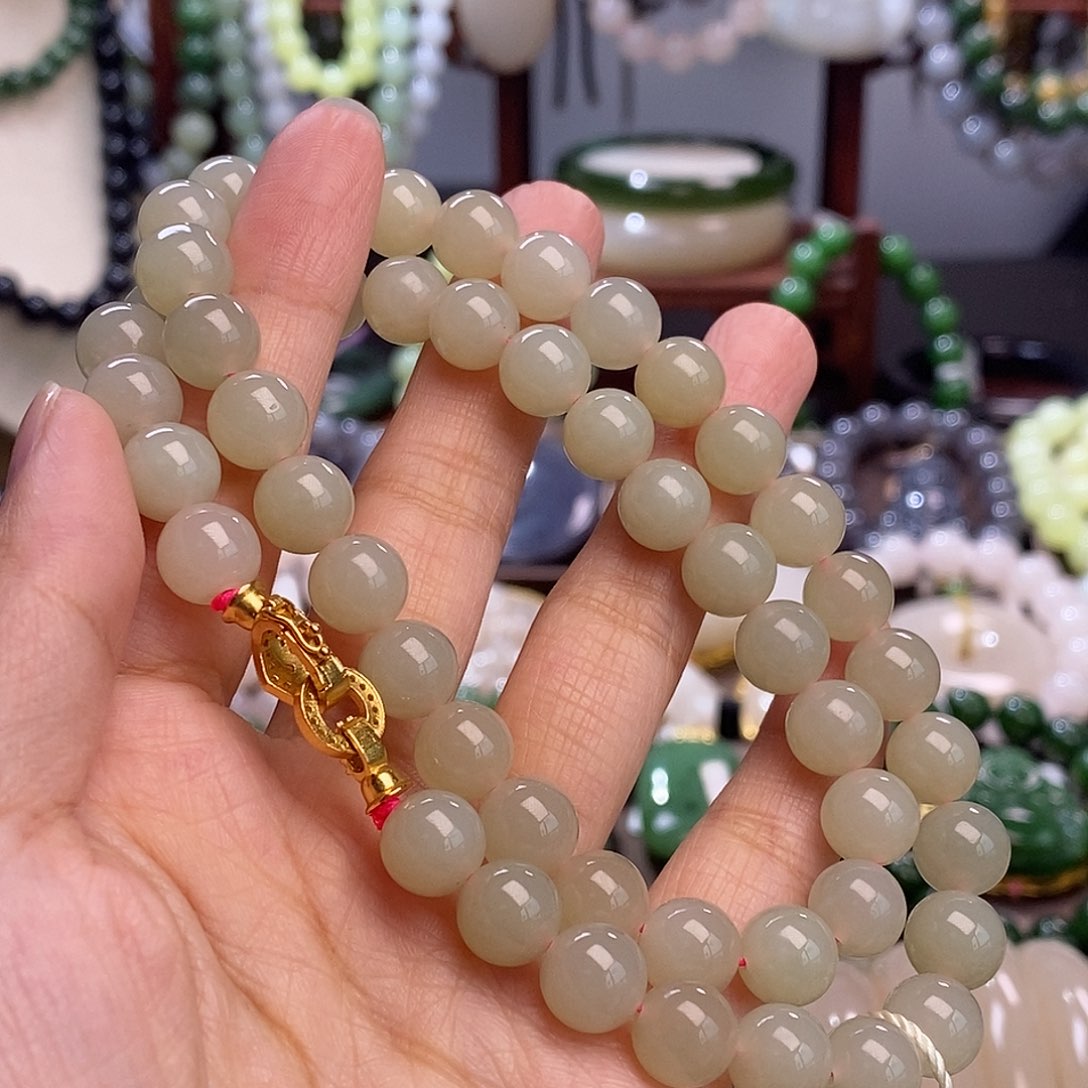 和田玉福利补贴熟藕粉圆珠项链9m未镶嵌