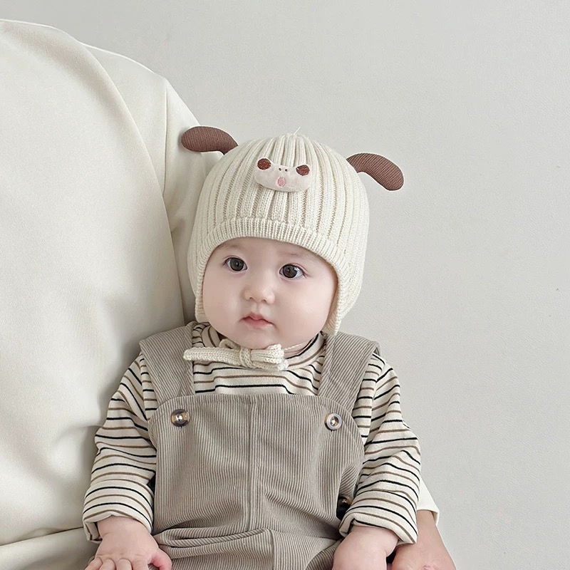 婴儿帽子秋冬季男宝宝可爱针织帽婴幼儿冬季加厚毛线帽外出护耳帽