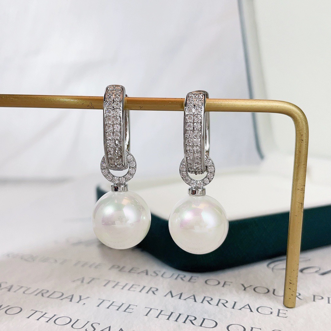 铜合金仿珍珠耳饰 高级感典雅轻奢可拆卸幻彩孔雀绿白珍珠耳扣14m