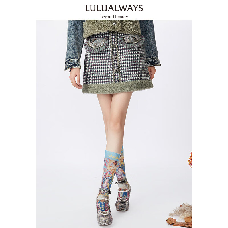 LULUALWAYS冬季新款复古气质拼接小香风毛圈半身裙
