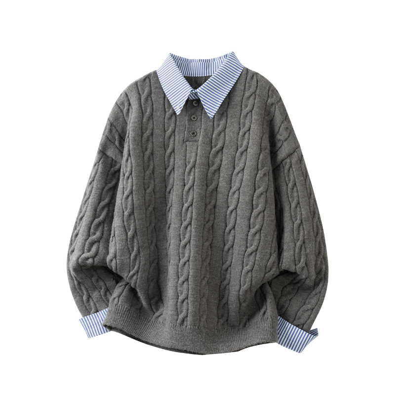 冬季假两件长袖针织衫宽松男女同款情侣毛衣时尚翻领日系衬衫