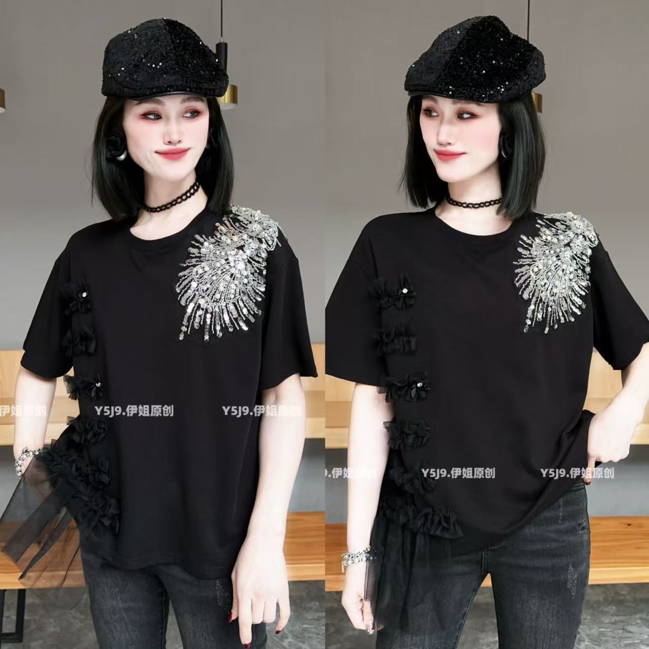 【YJ·高定】2025春夏宽松遮肉轻薄t恤拼接蕾丝绣花百搭上衣女YY386