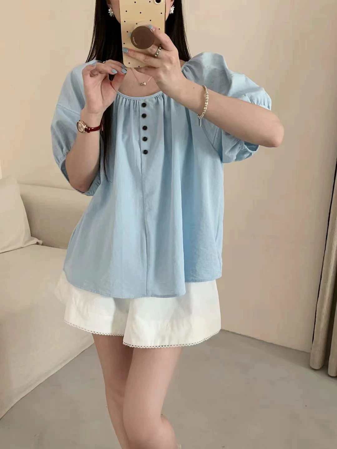 夏季新款棉质甜美泡泡袖短袖衬衫女韩版洋气遮肚子小衫甜美