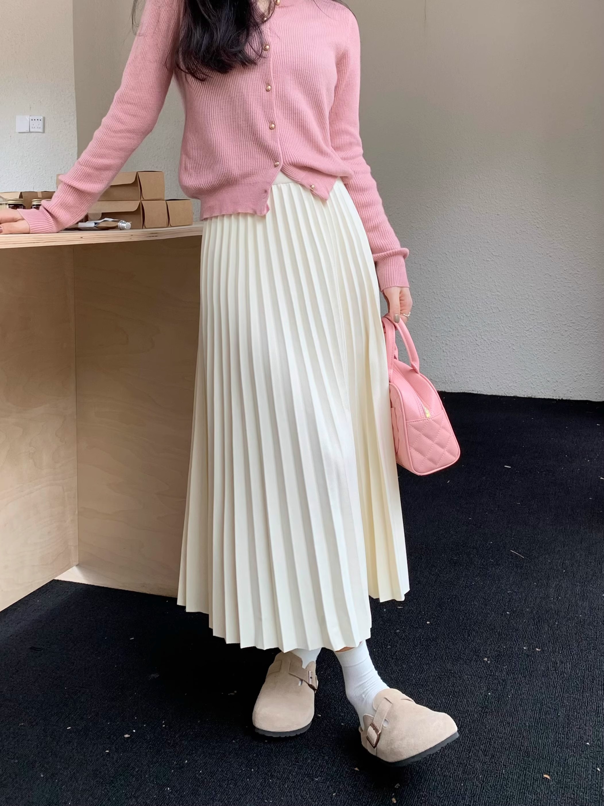 高级垂坠感半身裙百褶加捻罗马面料高腰气质显瘦减龄百搭A字长裙