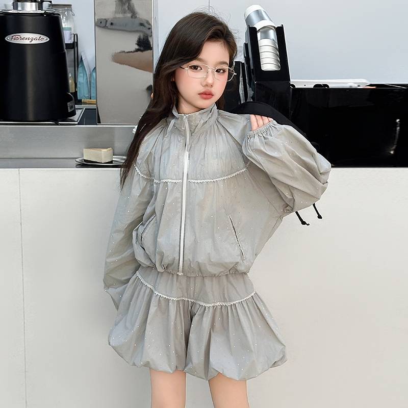 【酷哒仔】女童纯色烫钻防晒衣套装2025夏季中大童女孩子两件套装韩