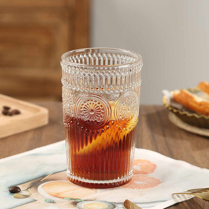 高太阳花玻璃杯透明耐热喝水杯浮雕水杯伴手礼杯家用咖啡杯水晶杯