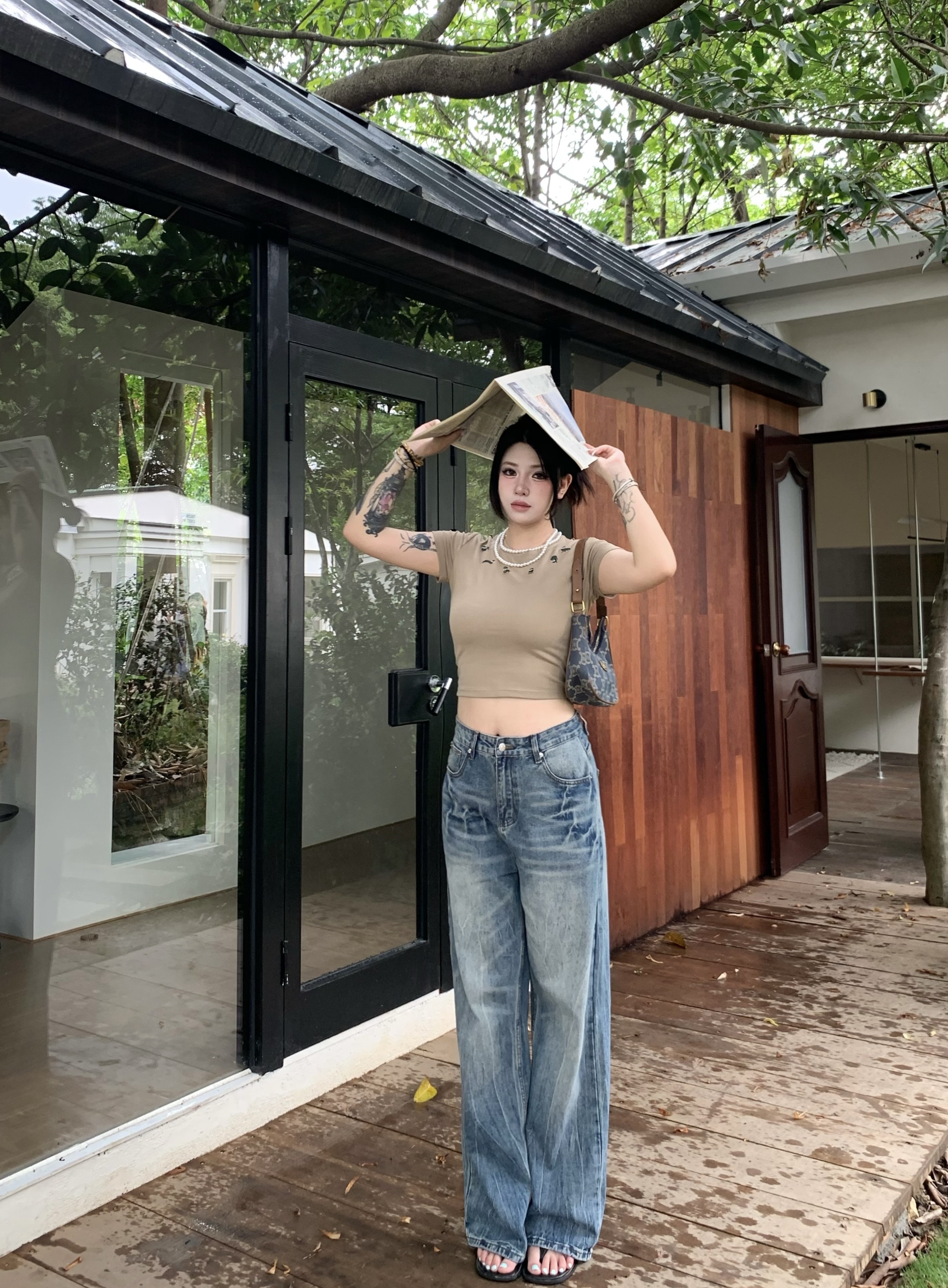 Li Napping微胖梨形MM美式复古休闲百搭闪电纹显高显腿长牛仔裤