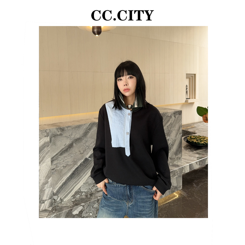 【蔡丽丽】秋冬时尚洋气长袖拼色罗纹领加绒针织衫卫衣外套6x1372