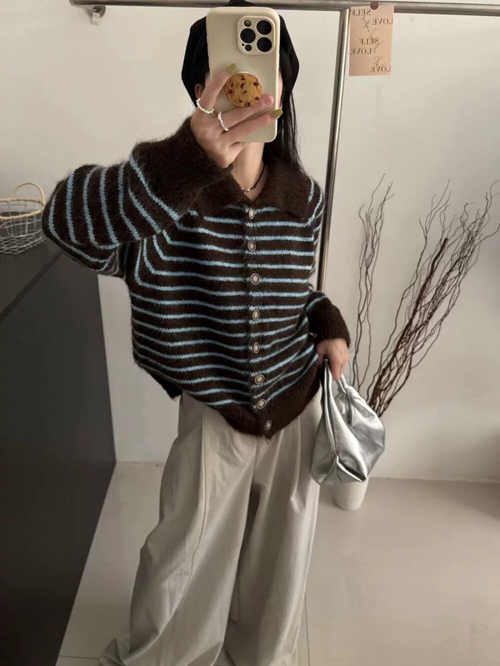 韩版翻领撞色条纹开衫