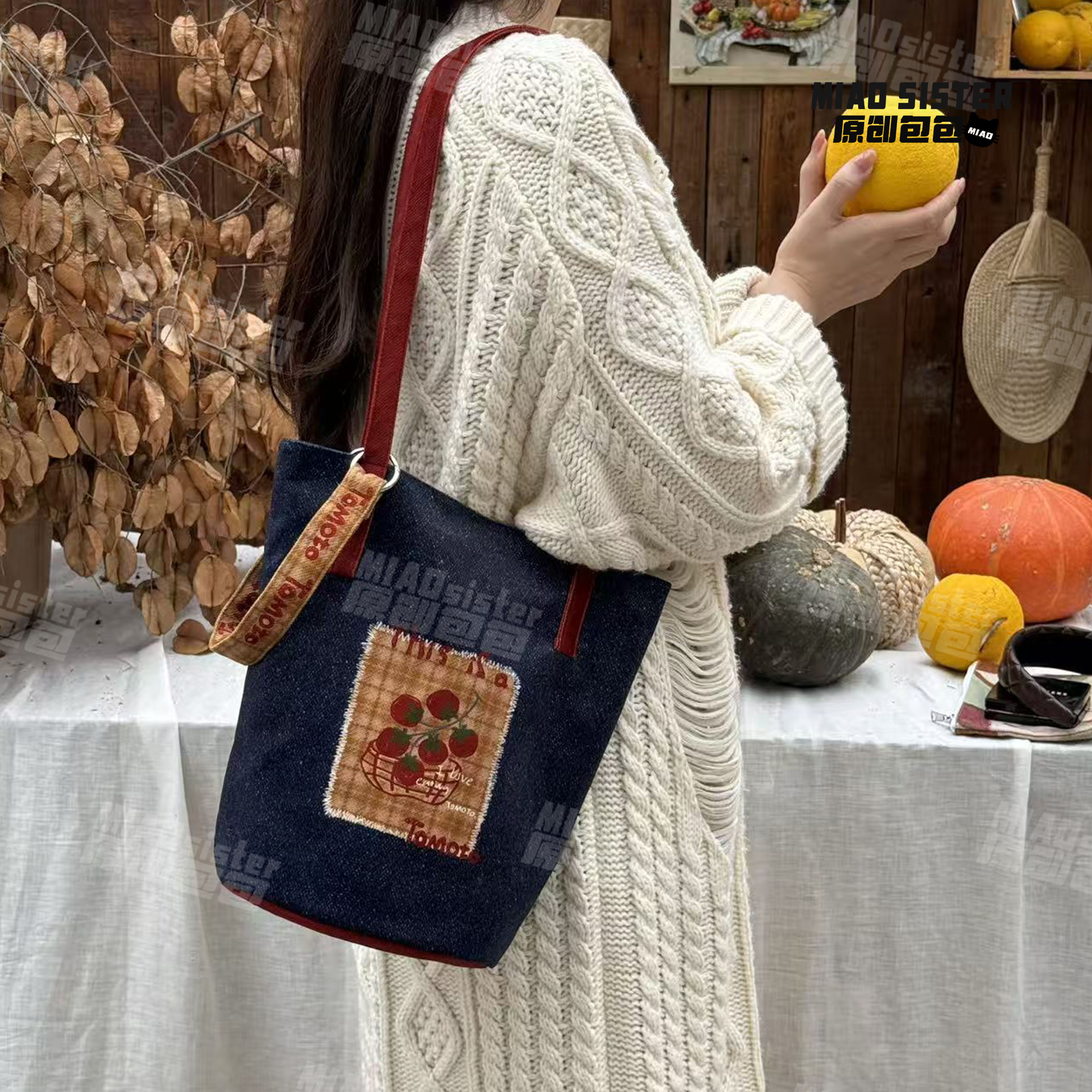 格纹牛仔番茄新款大容量单肩手提百搭款通勤学生小众可斜挎水桶包