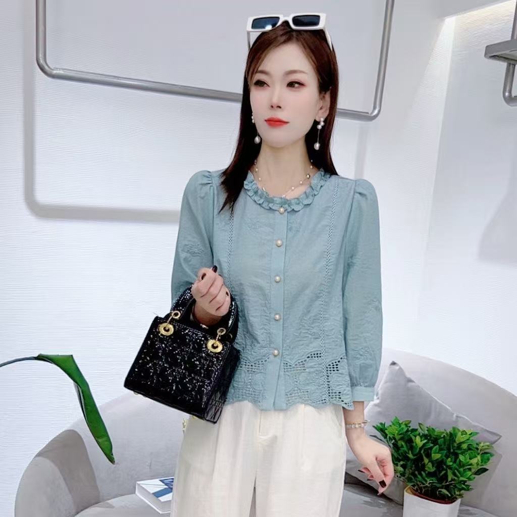 100%纯棉时尚衬衫秋季新款显瘦设计感小众七分袖上衣百搭衬衣女