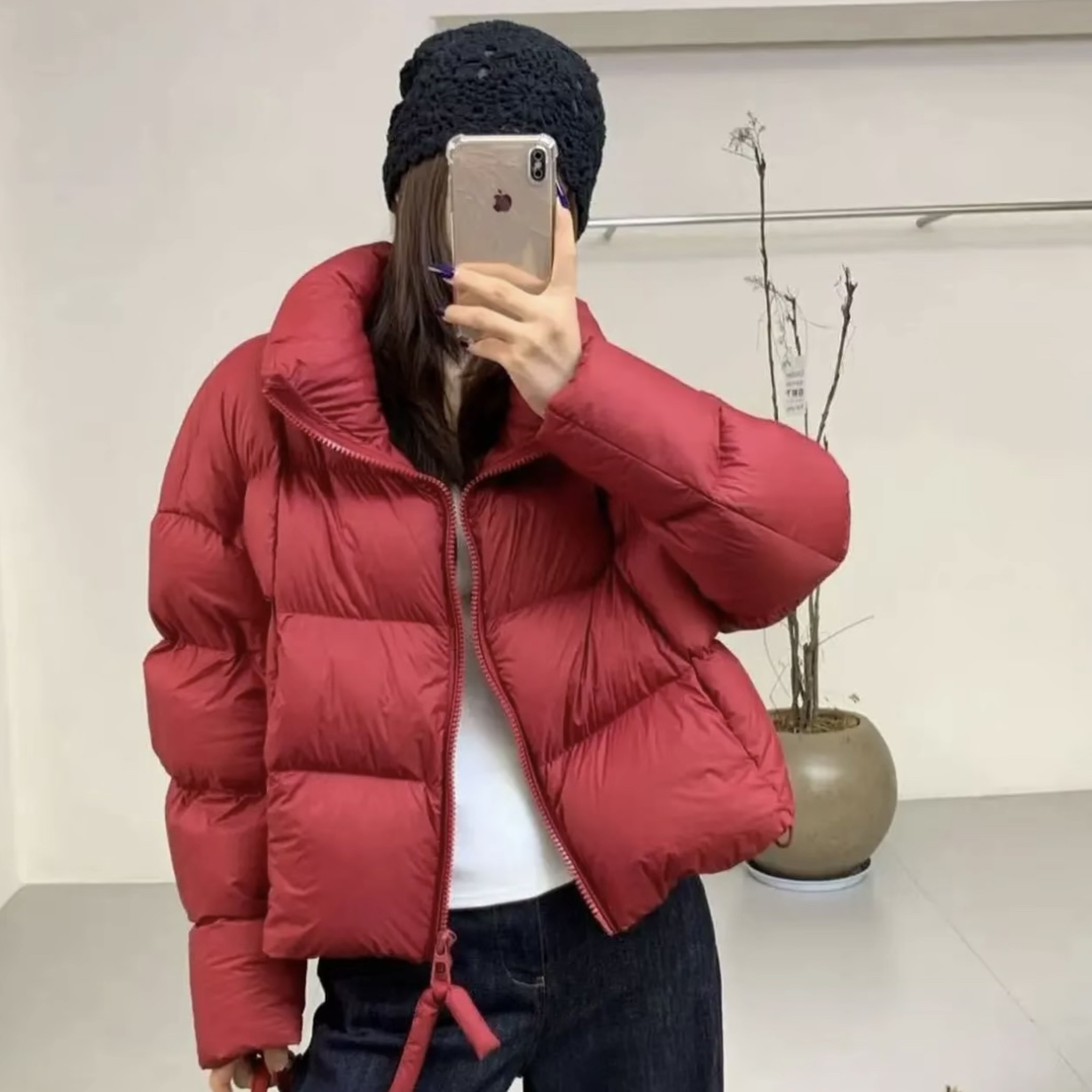 小辣椒圣诞红加厚保暖90白鸭绒韩系宽松显瘦立领小个子短款外套