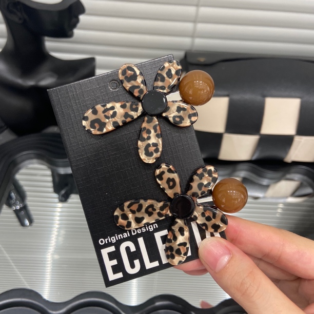 E4661韩国东大门豹纹花朵边夹女高级时尚气质侧边碎发一字夹发卡