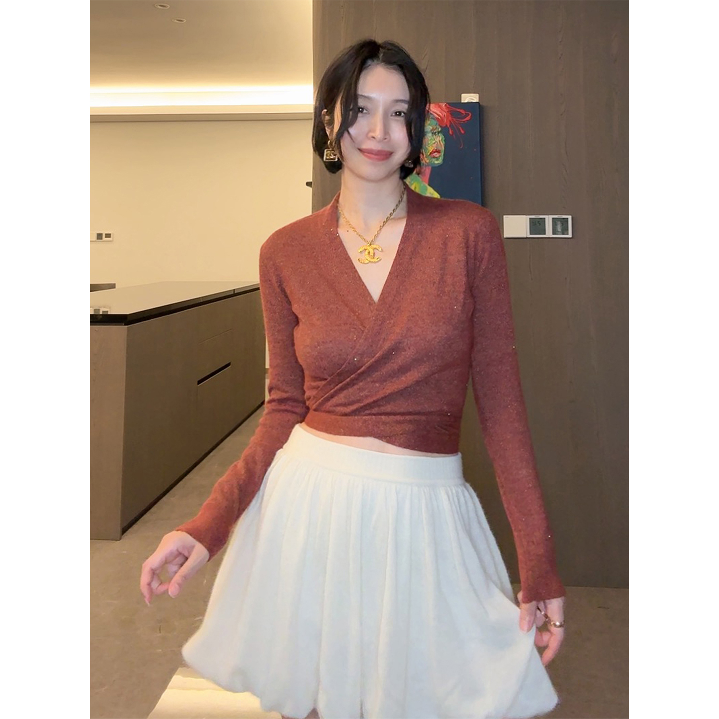 Daily romance25夹花杏仁棕/慕斯粉羊驼羊毛珠片金葱围裹上衣